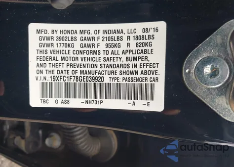 2016 Honda Civic Ex-L from USA, damaged, VIN 19XFC1F78GE039920